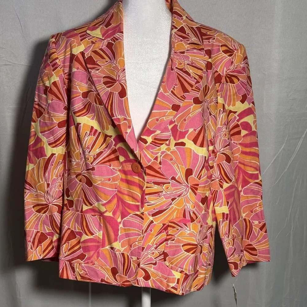 NWT Talbots 14 Floral Linen Blazer Pink Orange Jacket Floral Spring Casual